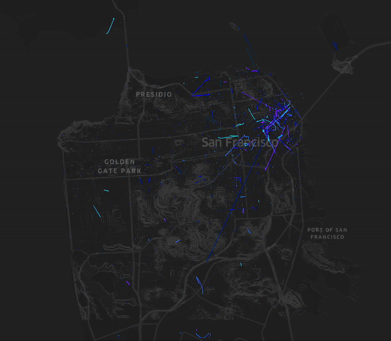 Raw AOMA trip data before cleaning — noisy GPS traces across San Francisco
