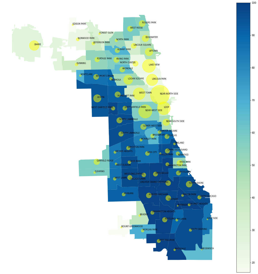 Choropleth of percentage of nonwhite population by Chicago Community Area with pickup count scatter overlay