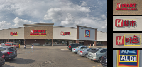 H Mart storefront panorama with cropped detections of its trilingual signage: English, Chinese, and Korean